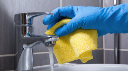 Hand in blue glove cleaning a bathroom faucet with a yellow cloth.