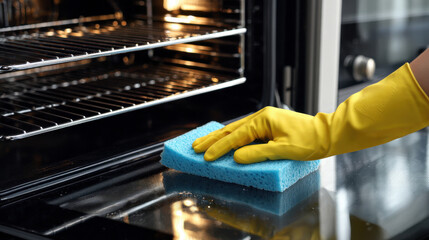 Person in yellow gloves cleaning the inside bottom of an oven