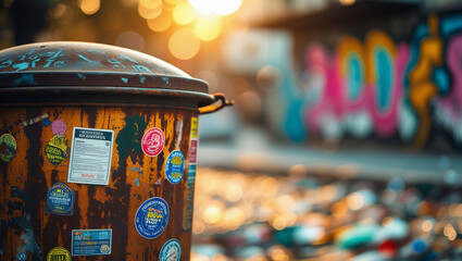 A blue plastic trash can or dumpster, the tank is on the street. The concept of environmental protection, sustainable lifestyle. Recycling of garbage.