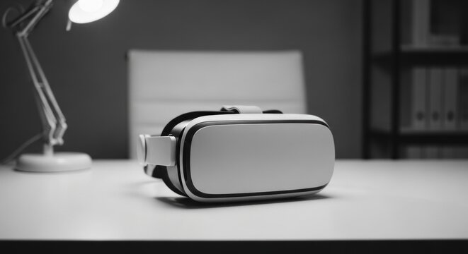 VR headset sits on a desk, illuminated by a lamp. B&W, shallow focus