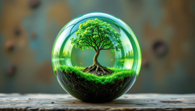 A captivating glass globe featuring a vibrant tree, symbolizing nature's beauty and environmental preservation.