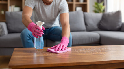 Person wearing pink gloves spraying cleaner on a dusty wooden coffee table.