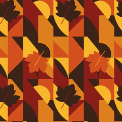 Abstract autumn seamless pattern with geometric shapes and colorful fall leaves in warm tones. Perfect for backgrounds, wrapping paper, and seasonal design projects.