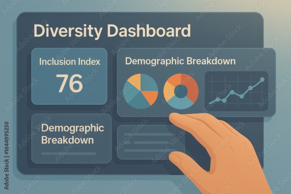 Poster diversity analytics dashboard with inclusion index and demographic breakdown charts