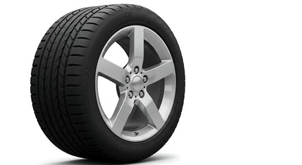 Obraz premium A professional studio shot of a high-performance tire and silver multi-spoke alloy wheel on a white background