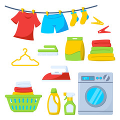 Flat Vector Illustration of Laundry and Cleaning Equipment with Clothesline, Washing Machine, Detergent, Iron, and Household Items for Housekeeping and Chores Concept Design