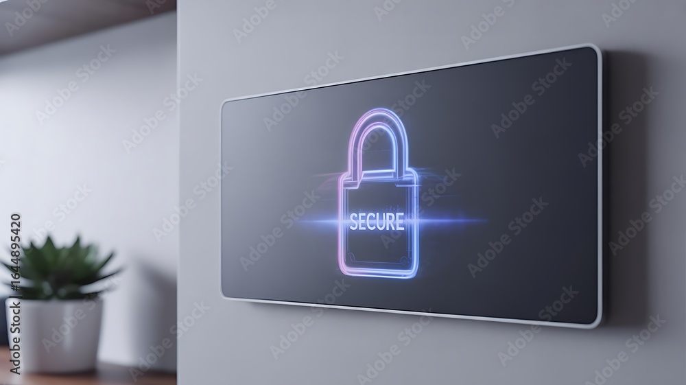 Poster digital padlock icon with the word secure glowing on a dark screen security technology