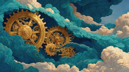 Golden gears within swirling teal and white clouds