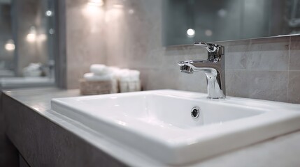 Fototapeta premium Minimalist bathroom sink with mirror and soft lighting
