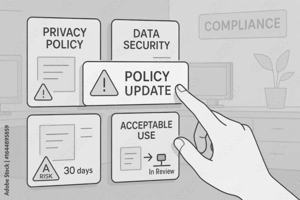 Poster policy update alert interface with privacy, data security and acceptable use compliance warnings