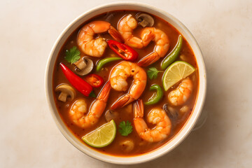 Delicious shrimp tom yum soup with fresh ingredients, spicy and sour Thai cuisine perfect for seafood lovers