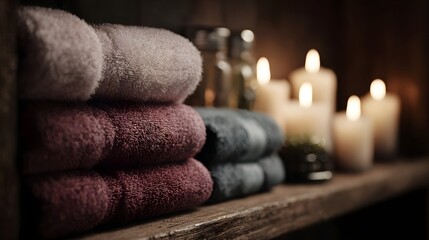 Cozy bathroom decor with folded towels and lit candles