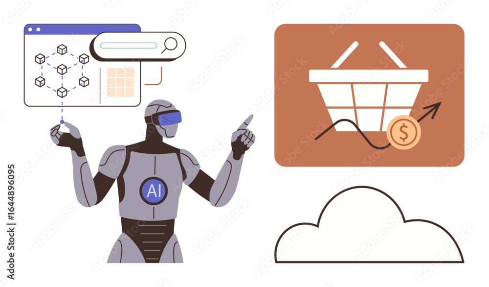 Aufkleber robot with ai displaying analysis on cloud computing, data visualization, e-commerce graph, and inno