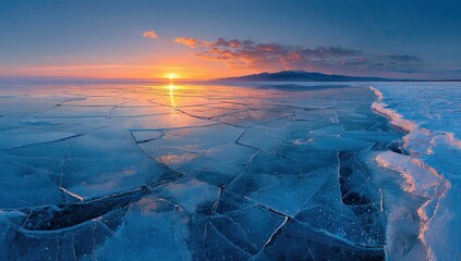 Panoramic sunset over a vast, fractured ice sheet on a serene lake, with a mountain range silhouetted on the horizon