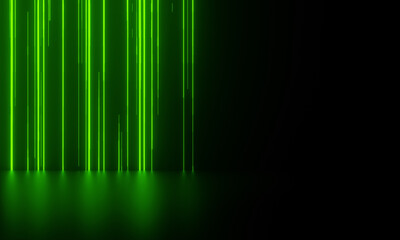 3D Black background with green stripped neon lights