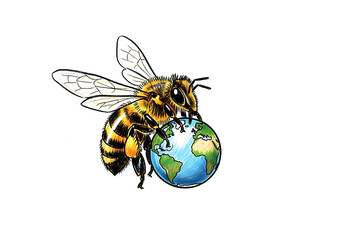Hand-drawn illustration: Busy bee gently holding Earth; vibrant, whimsical, environmental conservation concept.