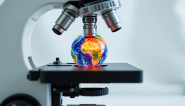 A close-up view of a microscope focusing on a stylized globe, symbolizing scientific exploration and global awareness.