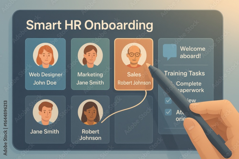 Poster smart hr onboarding system interface with roles, tasks and welcome messages