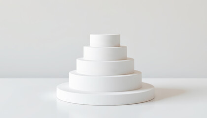 A collection of white round platforms stacked in a minimalist design, ideal for showcasing products or art.