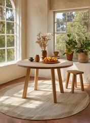 Sunlit room with round wooden table, simple stool, and neutral-toned rug; dried flowers and fruit on table, large windows showing lush greenery