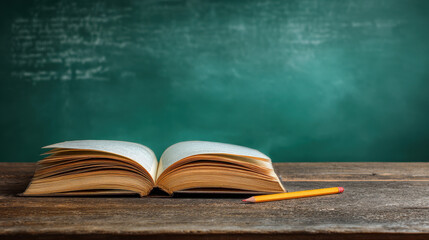 Old Open Book and Yellow Pencil on Wooden Classroom Desk