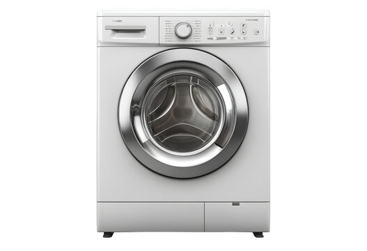  A white washing machine with silver elements, on the front of which is an LED display and control panel. Transparent background PNG