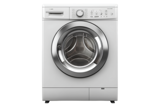  A white washing machine with silver elements, on the front of which is an LED display and control panel. Transparent background PNG