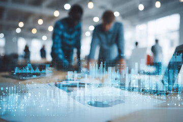 Business professionals analyzing financial data and charts on a digital interface during a meeting.