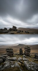 Dramatic Landscape with Granite Tors under Cloudy Sky, Dartmoor National Park