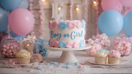Beautiful gender reveal baby shower party with 'Boy or Girl' cake.