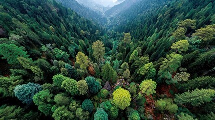 Birda??s-eye view of a dense forest canopy representing carbon sequestration, net-zero commitment, and environmental health