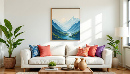 A cozy living room featuring a stylish sofa with colorful pillows and vibrant plants, creating a welcoming atmosphere.