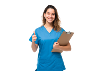 Smiling young woman nurse holding clipboard and giving thumbs up on transparent background, PNG