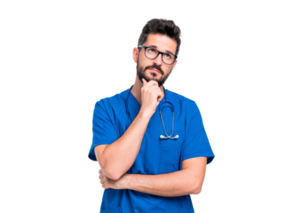 Thoughtful man medical professional in blue scrubs contemplating on transparent background, PNG