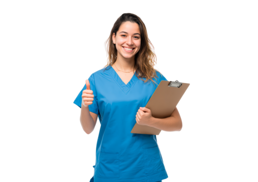 Smiling young woman nurse holding clipboard and giving thumbs up on transparent background, PNG