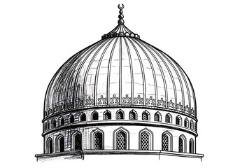 Obraz premium Mosque Dome: Intricate Line Art, Black and White, Architectural Detail, Islamic Design, Spiritual, Elegant.