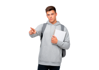 Young student with backpack pointing and holding notebook on transparent background, PNG