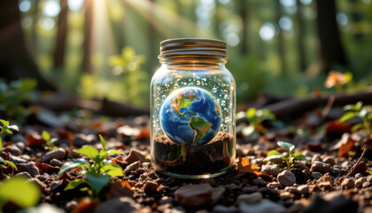 A creative representation of Earth encapsulated in a jar, symbolizing preservation and ecological awareness.