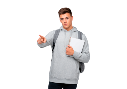 Young student with backpack pointing and holding notebook on transparent background, PNG