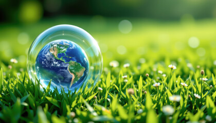 A crystal clear bubble reflects the Earth, sitting on lush green grass, symbolizing nature and sustainability.