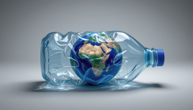 A crumpled plastic bottle encapsulating a globe, highlighting environmental issues and plastic pollution.
