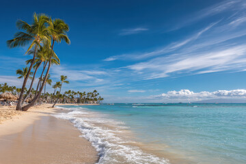 stunning sunny beach in hawaii with swaying palm trees and golden sands inviting relaxation