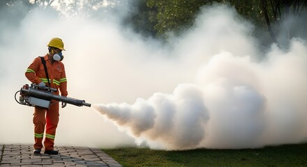 Outdoor virus prevention with health worker spraying disinfectant in protective gear and helmet, thick mist. Concept for epidemic safety, pandemic control