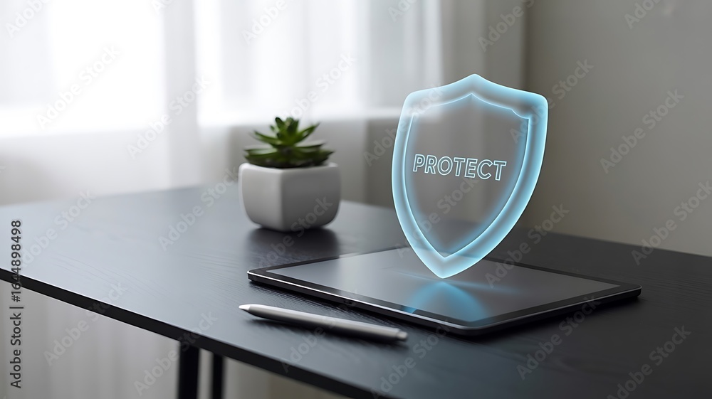 Poster digital shield with protect text hovering over tablet on dark desk digital security data protection