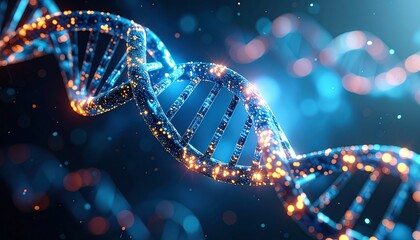 Glowing dna strand molecular structure depicted with vibrant orange and blue lights, representing genetics, biochemistry, and advanced scientific research in biotechnology.
