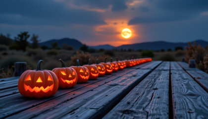 A festive row of carved pumpkins glows warmly under a sunset, capturing the spirit of Halloween celebrations.