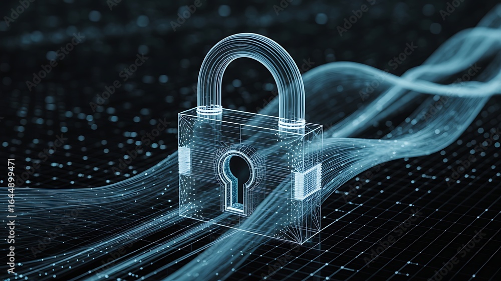 Poster digital wireframe padlock with glowing blue data streams on dark background security