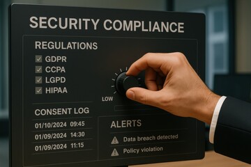 Security Compliance Interface with GDPR, CCPA, HIPAA Toggles and Consent Log Alerts
