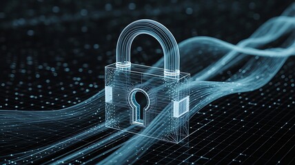 Digital wireframe padlock with glowing blue data streams on dark background security