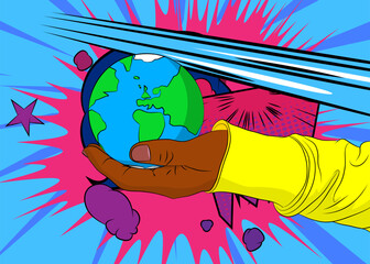 Cartoon, comic book human hands holding planet Earth. Retro vector comics pop art design.